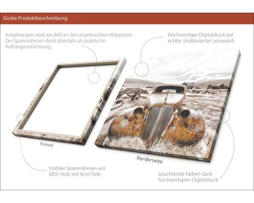 Giclée Kunstdruck mit einem Motiv eines alten Autos auf strukturierter Leinwand