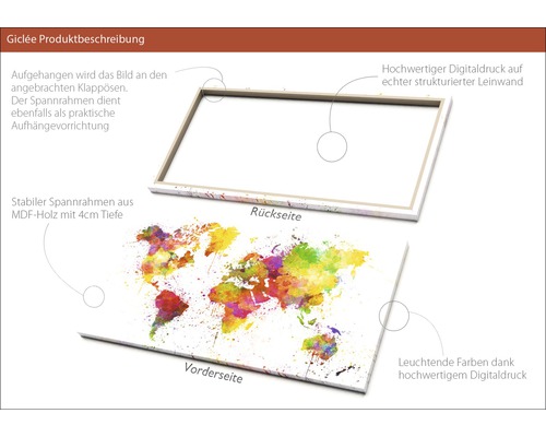 Digitaldruck auf Leinwand mit Weltkarte und MDF Rahmen