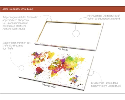 Leinwandbild mit Weltkarte, Digitaldruck auf Leinwand