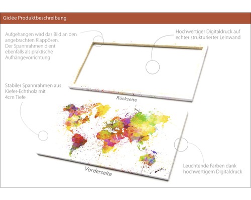 Leinwandbild mit Weltkarte, stabilem Spannrahmen und Aufhängevorrichtung
