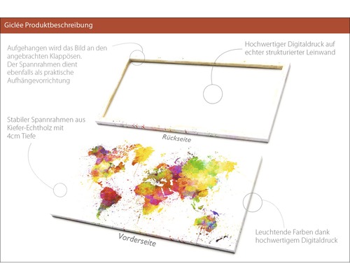 Leinwandbild mit Weltkarte, aufgespannt auf Kiefernholzrahmen