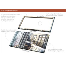 Produktbeschreibung Giclée: Rückseite und Vorderseite mit Rahmen aus MDF-Holz und Digitaldruck auf Leinwand.