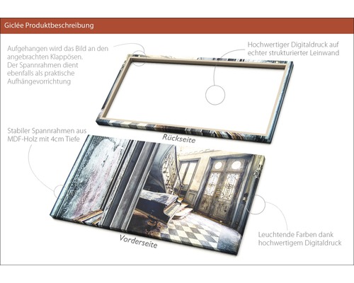 Produktbeschreibung Giclée: Rückseite und Vorderseite mit Rahmen aus MDF-Holz und Digitaldruck auf Leinwand.