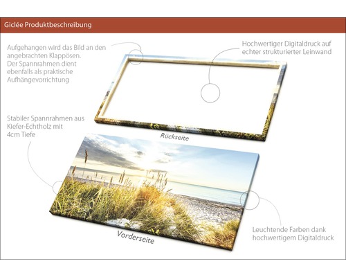 Produktbeschreibung eines Leinwandbildes mit Digitaldruck und Spannrahmen aus Kiefernholz