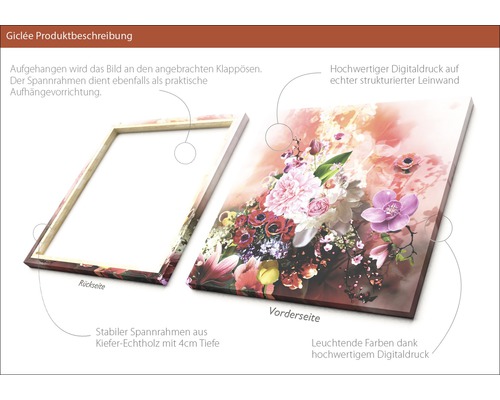 Giclée Kunstdruck auf Leinwand mit Blumenmotiv und Holzrahmen