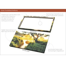 Produktbeschreibung eines Giclée-Drucks auf Leinwand mit einem Landschaftsmotiv, montiert auf einem stabilen MDF-Holzrahmen