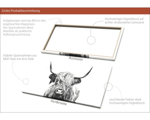 Produktbeschreibung Giclée: Vorder- und Rückseite des Leinwandbilds mit Rahmen aus MDF-Holz und Digitaldruck.
