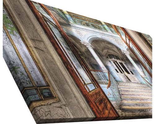 Leinwandbild mit Ansicht eines Gebäudes mit Treppe
