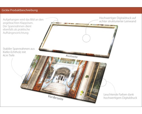 Detailansicht einer bedruckten Leinwand mit Holzrahmen