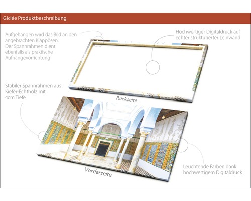 Detailansicht eines Giclée Kunstdrucks mit Kiefernholzrahmen und Wandbild