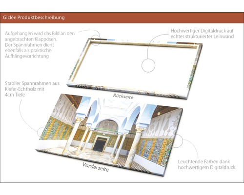Produktbeschreibung Giclée: Vorder- und Rückseite eines Digitaldrucks auf Leinwand mit Holzrahmen