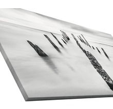 Impression sur toile en noir et blanc représentant un paysage côtier avec de vieux pieux en bois dans l''eau.