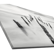 Photographie en noir et blanc de poteaux en bois dans l''eau sur toile