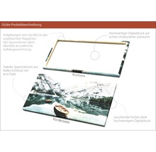 Giclée Kunstdruck auf Leinwand mit Holzkeilrahmen, Vorderseite mit Bergsee-Motiv, Rückseite mit Aufhängevorrichtung