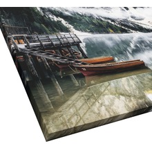 Impression sur toile avec motif de bateaux sur un lac de montagne