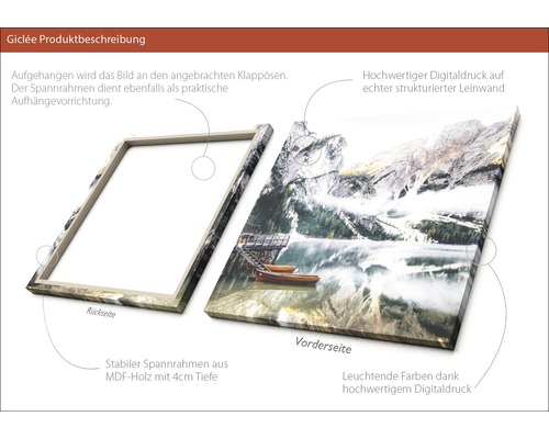 Leinwandbild mit Bergsee-Motiv, MDF-Holzrahmen und Digitaldruck