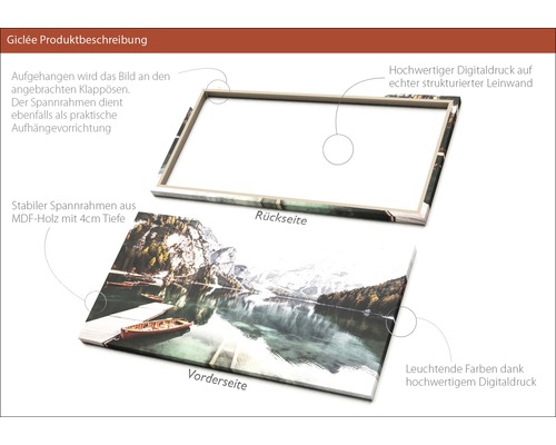 Produktbeschreibung Giclée: Vorder- und Rückseite eines mit einem Landschaftsmotiv bedruckten Keilrahmens aus MDF-Holz mit 4 cm Tiefe.