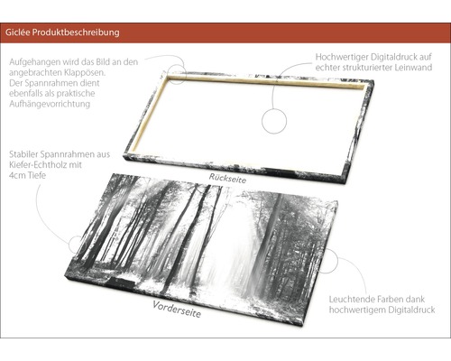 Detailansicht eines Giclée-Drucks mit Waldmotiv auf Leinwand mit Keilrahmen aus Kiefernholz