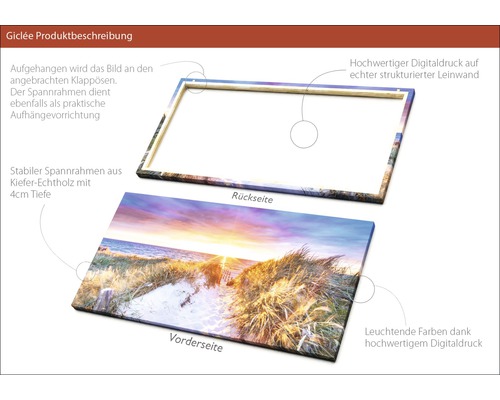 Produktbeschreibung: Leinwandbild mit Landschaftsmotiv, Rückseite mit Holzrahmen und Aufhängevorrichtung
