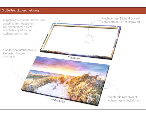 Gedrucktes Leinwandbild mit Landschaftsansicht, inklusive Rahmenrückseite und Aufhängevorrichtung.