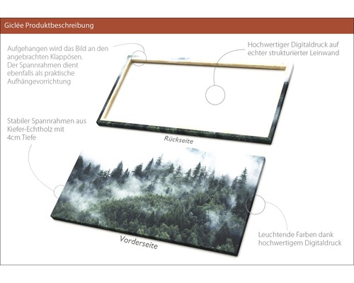 Ansicht der Vorder- und Rückseite eines Wandbildes mit Kiefernholzrahmen und Waldmotiv
