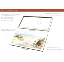 Produktbeschreibung Giclée: Rückseite und Vorderseite eines Wandbildes mit Strandmotiv. Das Bild hat einen MDF-Holzrahmen mit einer Tiefe von 4 cm und einen Digitaldruck auf Leinwand.