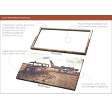 Produktbeschreibung Giclée: Vorder- und Rückseite des Bildes mit Digitaldruck auf Leinwand und Spannrahmen aus MDF-Holz.