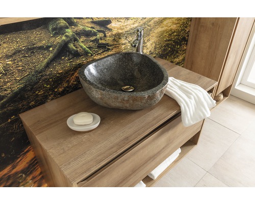 Meuble-lavabo de salle de bains avec vasque en pierre naturelle et robinetterie