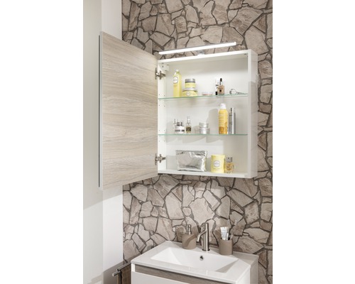 Salle de bain avec armoire de toilette ouverte et lavabo