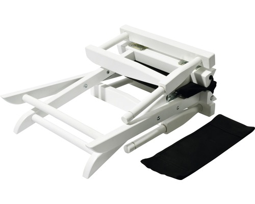 Zusammengeklappter, weißer Tritthocker aus Holz mit Aufbewahrungstasche.