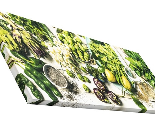 Leinwanddruck mit einer Auswahl an frischem Gemüse und Kräutern auf einem Tisch