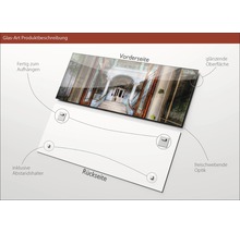 Image en verre avec vue sur un bâtiment, entretoises de suspension incluses