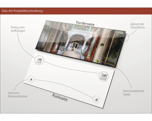 Image en verre avec vue sur un bâtiment, entretoises de suspension incluses