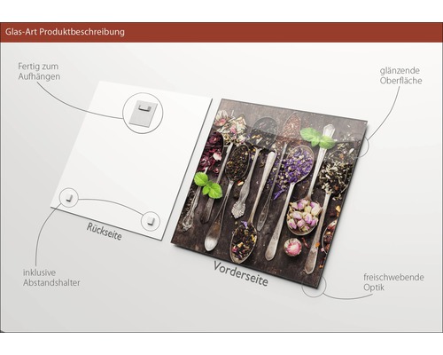 Glasbild mit Kräutertee in Löffeln, inklusive Abstandshalter und Aufhängung