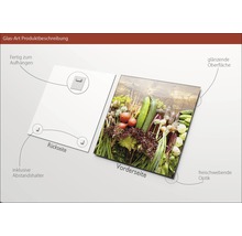 Tableau en verre avec motif de légumes, y compris support mural et entretoises.