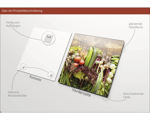 Tableau en verre avec motif de légumes, y compris support mural et entretoises.