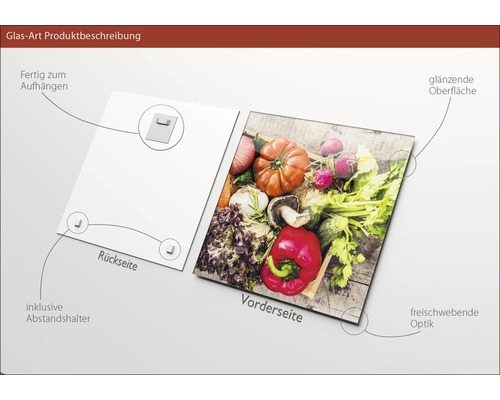 Glasbild mit Gemüse-Motiv, inklusive Halterung zur Aufhängung.