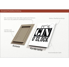 Description du produit Decopanel: Dos avec cadre et dispositif de suspension, avant avec impression ''It''s Gin O''Clock'' et aspect flottant.