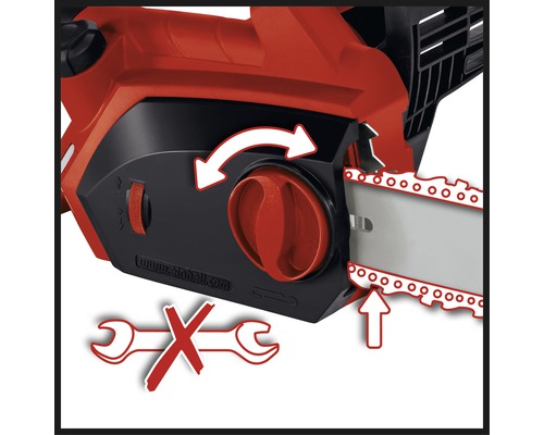 Detailaufnahme einer Kettensäge, die zeigt, dass für den Kettenwechsel kein Werkzeug erforderlich ist