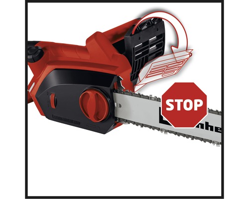Elektro-Kettensäge mit Stop-Symbol zur Sicherheitsanweisung