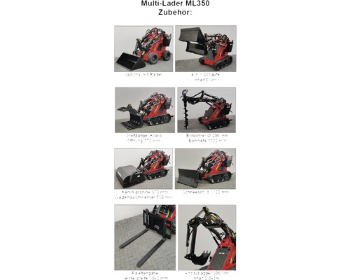 Multi-Lader ML350 Zubehör: Optionen mit Rädern, 4-in-1 Schaufel, Greifzange, Erdbohrer 200 Millimeter, Kehrmaschine 570 Millimeter Walzendurchmesser, Schneeschild 1100 Millimeter, Palettengabel und Anbaubagger