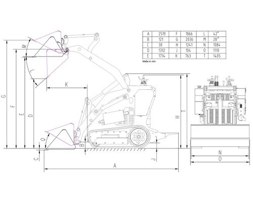 Masszeichnung eines Kompaktladers mit detaillierten Abmessungen