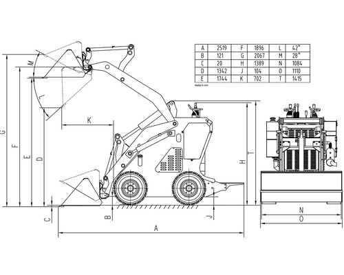 Technische Zeichnung eines Radladers mit Maßangaben