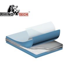 Logo de Rhino Tech. Coupe transversale d''une membrane d''étanchéité multicouche.