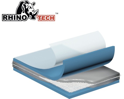 Logo de Rhino Tech. Coupe transversale d''une membrane d''étanchéité multicouche.