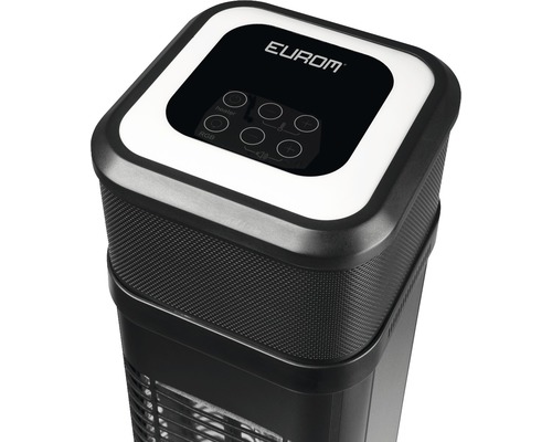 Vue détaillée d''un ventilateur colonne avec commande numérique et logo EUROM.