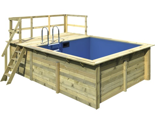 Kit de piscine hors sol en bois Karibu taille 1 rectangulaire 462x353x124 cm avec intissé de protection du sol, habillage intérieur avec rebord de fixation et échelle avec plateforme