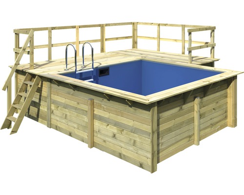 Kit de piscine hors sol en bois Karibu taille 1 rectangulaire 462x483x124 cm avec intissé de protection du sol, habillage intérieur avec rebord de fixation, échelle avec plateforme en L-0