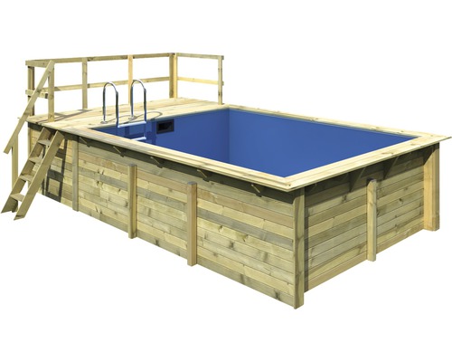 Kit de piscine hors sol en bois Karibu taille 2 rectangulaire 582x353x124 cm avec intissé de protection du sol, habillage intérieur avec rebord de fixation et échelle avec plateforme