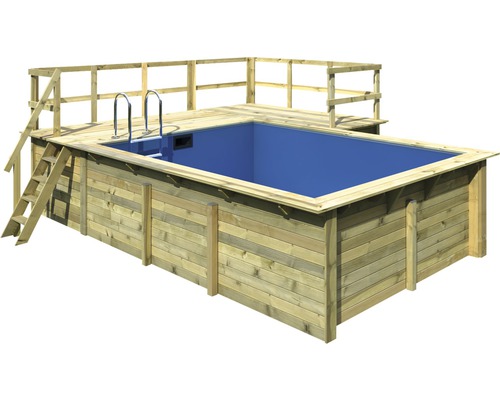 Kit de piscine hors sol en bois Karibu taille 2 rectangulaire 582x483x124 cm avec intissé de protection du sol, habillage intérieur avec rebord de fixation et échelle avec plateforme
